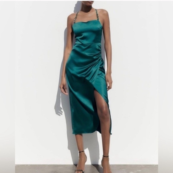 Zara Satin Slip Style Wrap Dress with Gold Chain Detailing on Straps - Picture 2 of 13